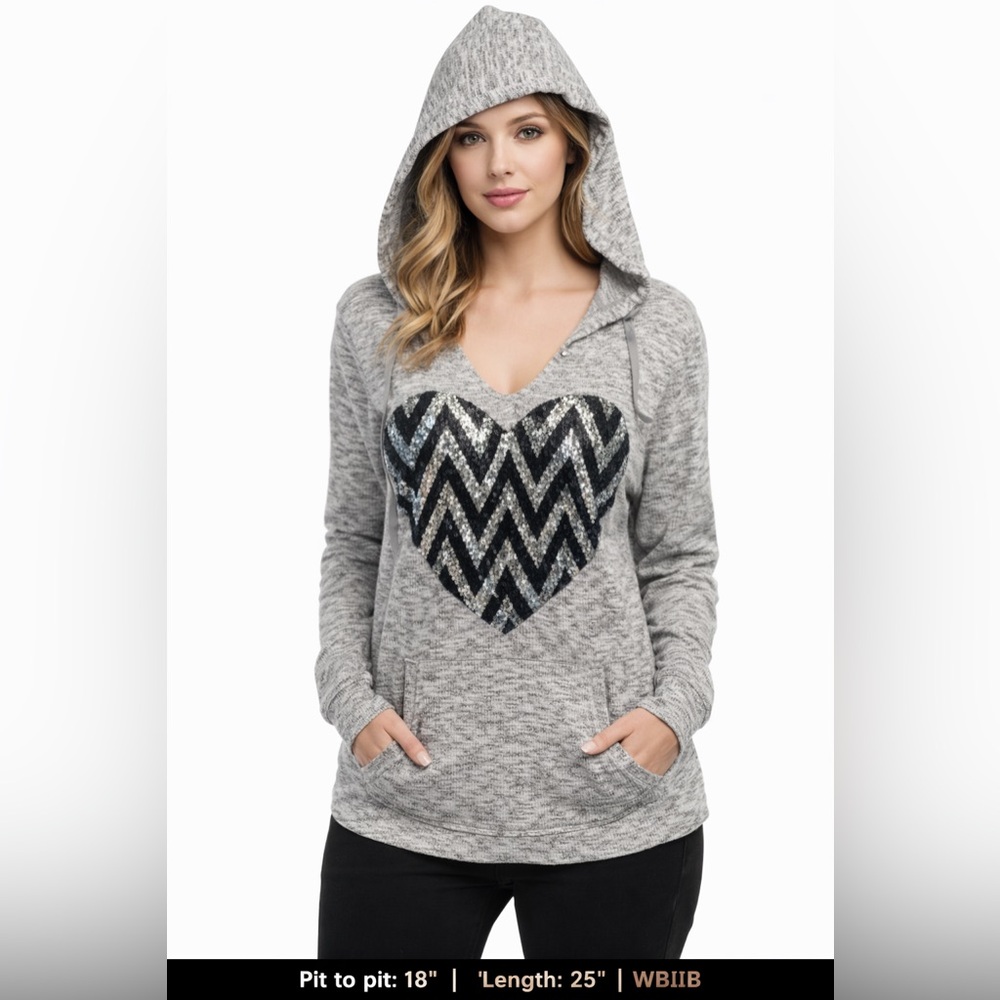 Miss Chevous lightweight sweater hoodie sz M with front  pocket heart sequins
